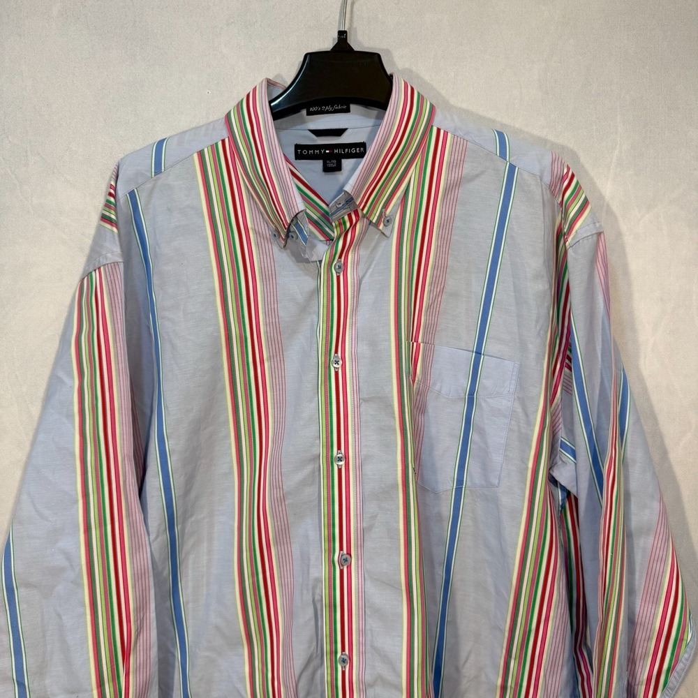 Vintage Tommy Hilfiger Mens Club Shirt XL‎ Rainbow Striped 80s 2 Ply 100% Cotton